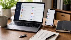 Password manager dashboard on laptop and phone with hardware security key