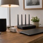 Router, smart speaker, lamp and smart plug on a home table