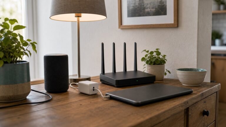 Router, smart speaker, lamp and smart plug on a home table