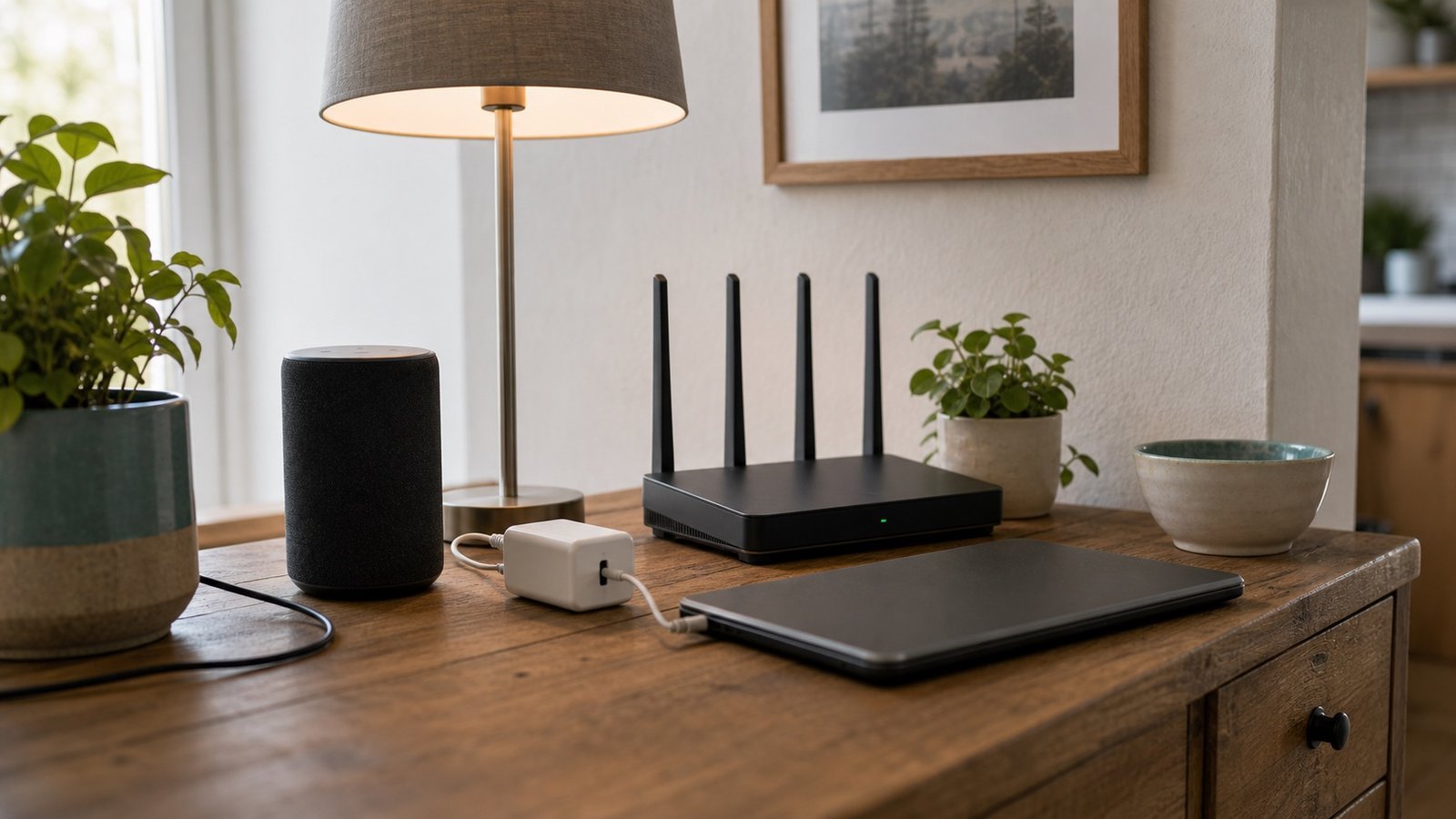 Router, smart speaker, lamp and smart plug on a home table