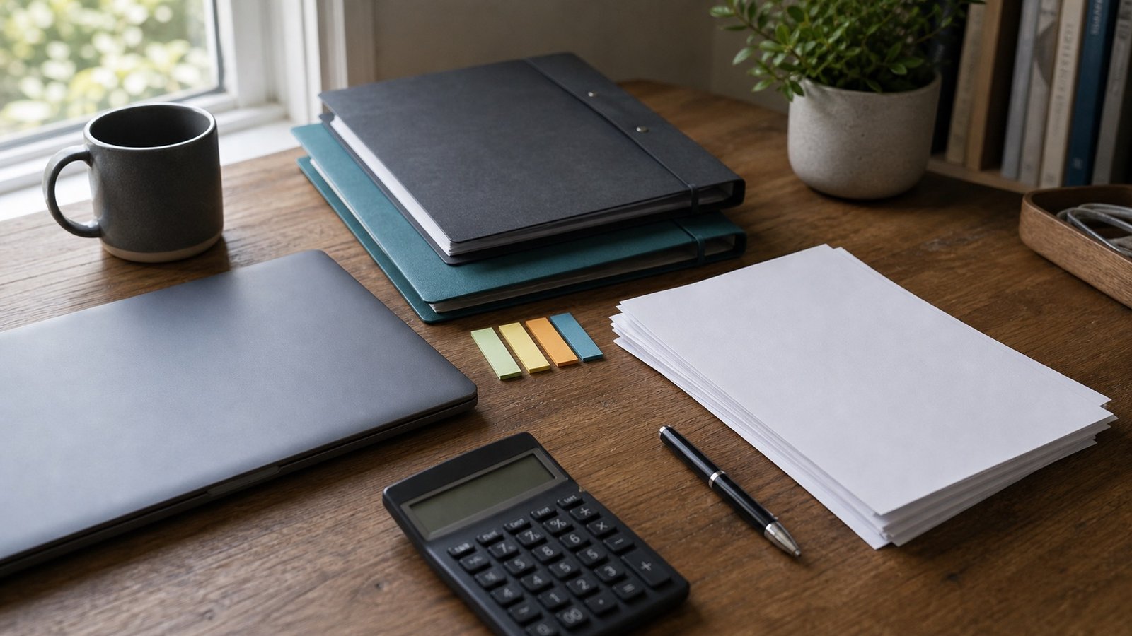 Folders, blank papers, laptop and calculator for product research