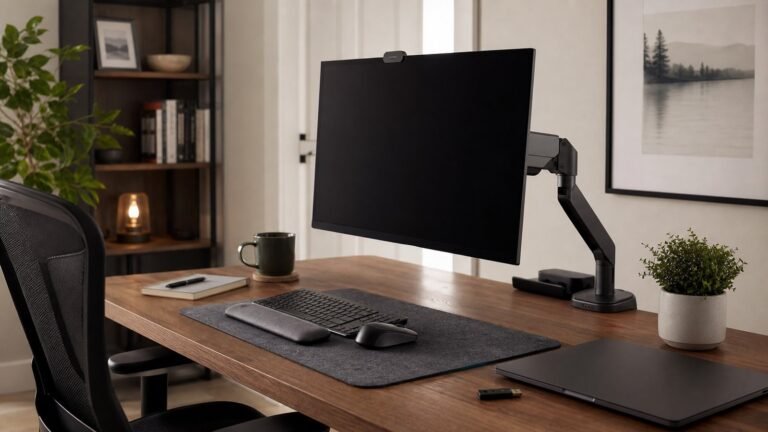 Monitor arm and privacy screen on a secure home office desk