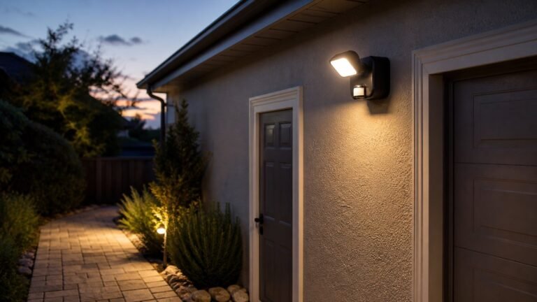 Outdoor motion sensor light illuminating a side path at dusk