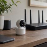 Indoor security camera, router and phone on a home shelf