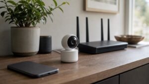 Indoor security camera, router and phone on a home shelf