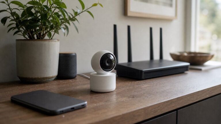 Indoor security camera, router and phone on a home shelf