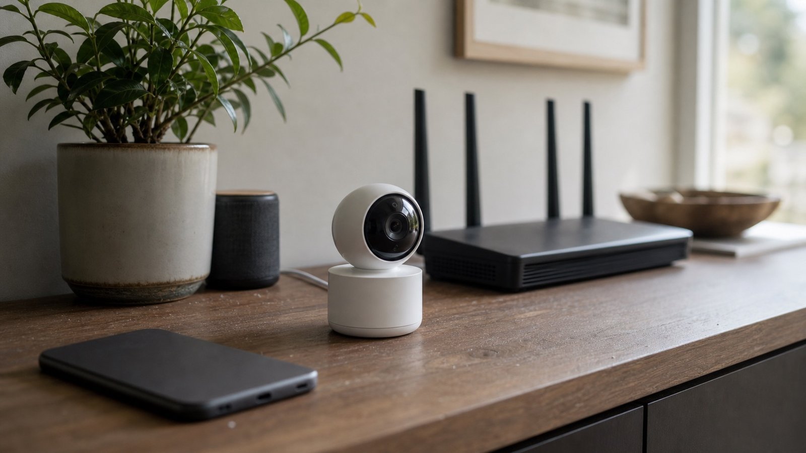 Indoor security camera, router and phone on a home shelf