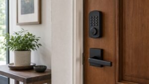 Keypad smart door lock and handle on a wooden front door
