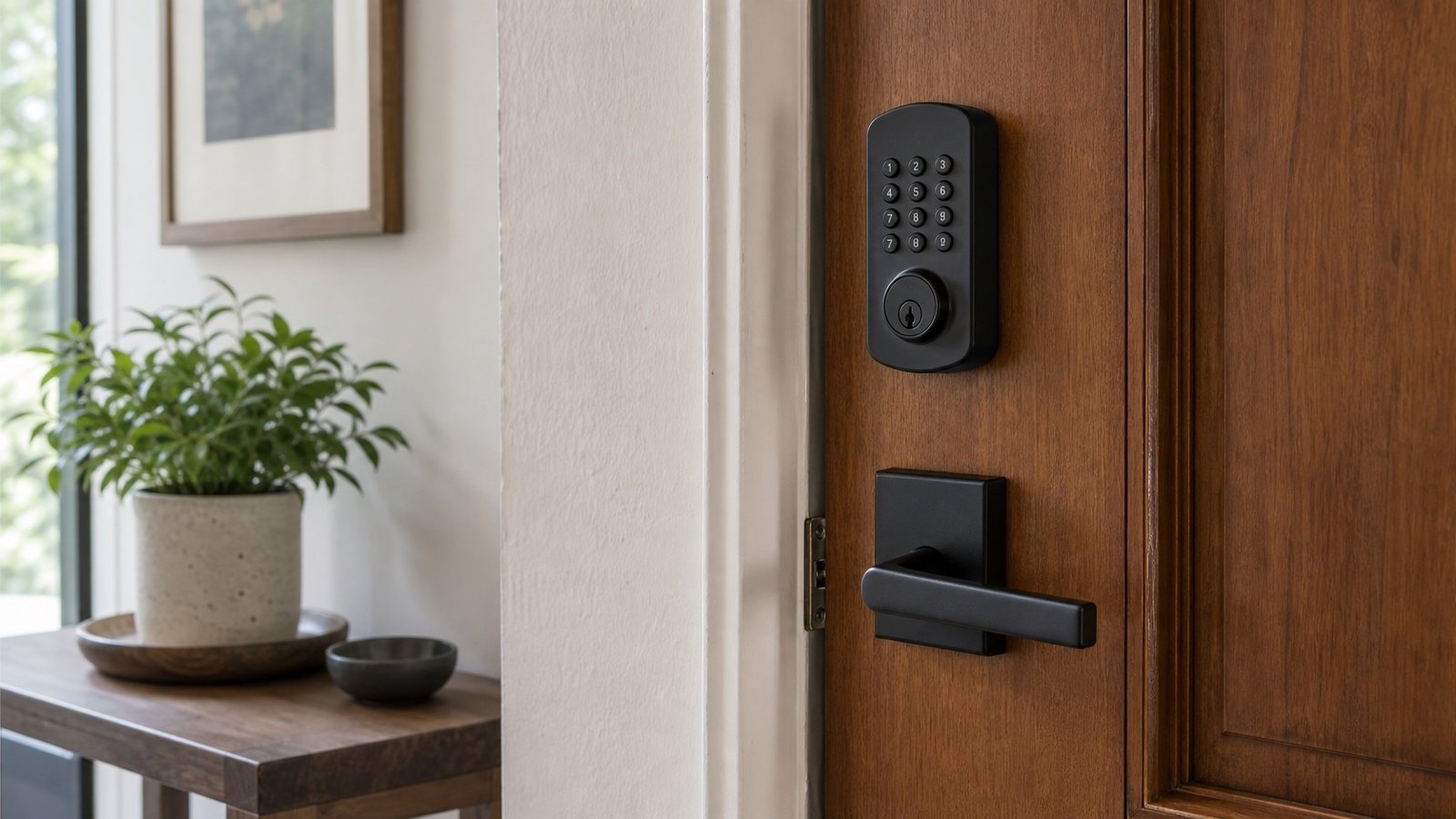 Keypad smart door lock and handle on a wooden front door
