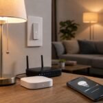 Smart lighting bridge, wall control and phone in a living room