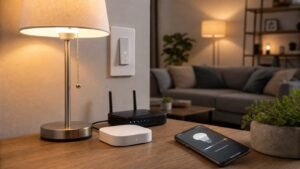 Smart lighting bridge, wall control and phone in a living room