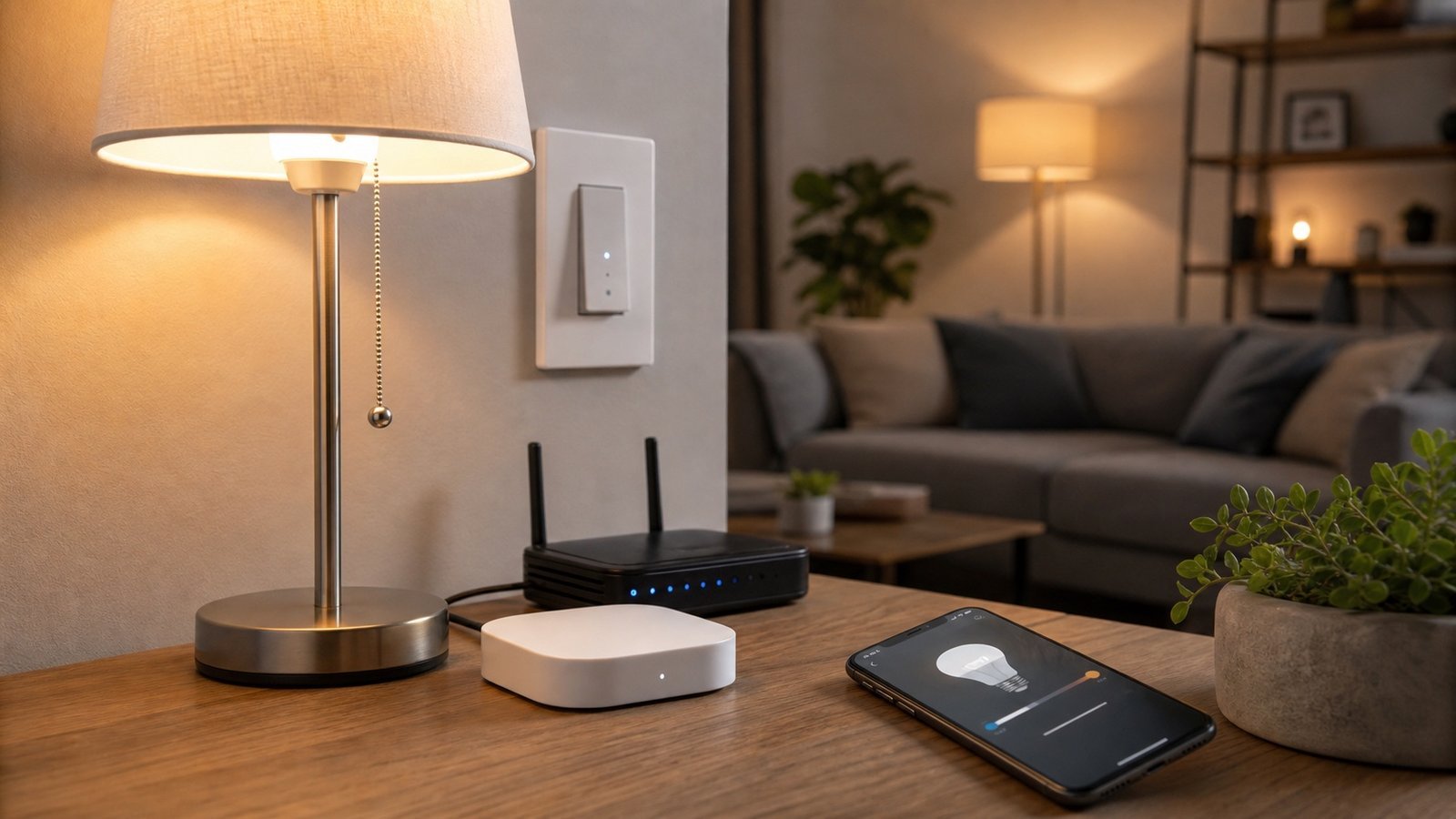 Smart lighting bridge, wall control and phone in a living room