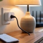 Smart plug powering a lamp with router and phone nearby