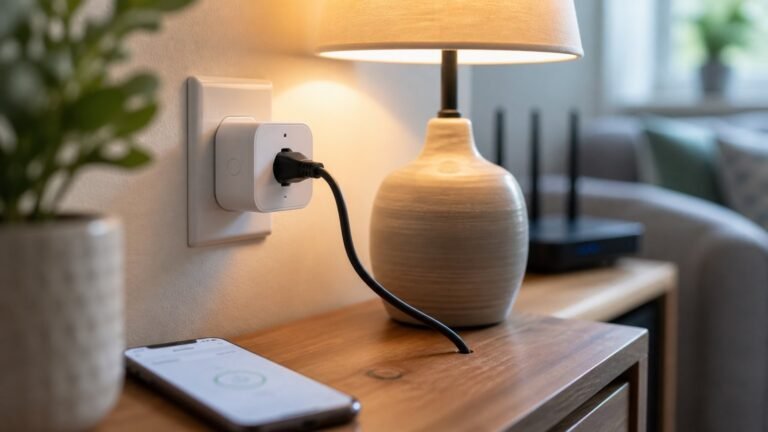 Smart plug powering a lamp with router and phone nearby