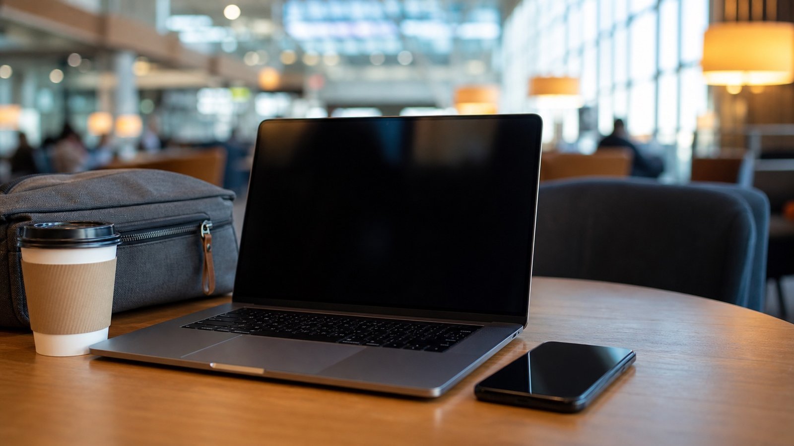 Laptop and phone on shared public Wi-Fi in a cafe-style lounge