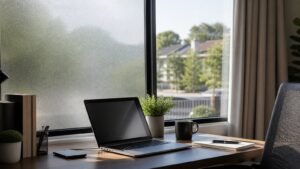Frosted privacy window film beside a home office laptop
