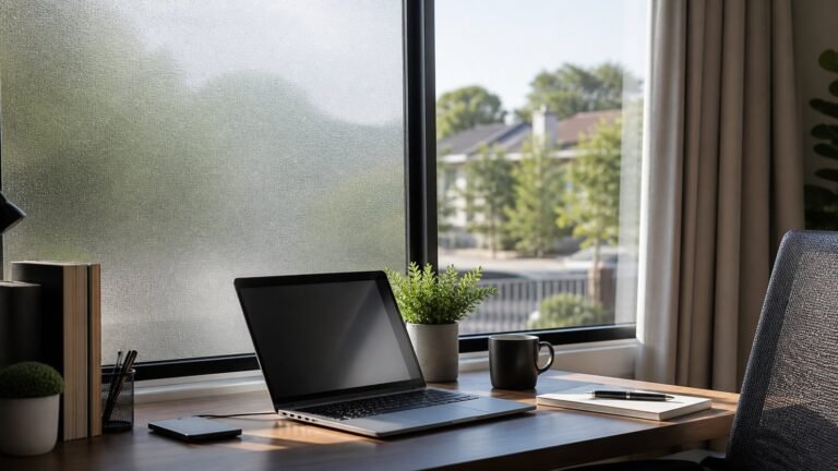 Frosted privacy window film beside a home office laptop