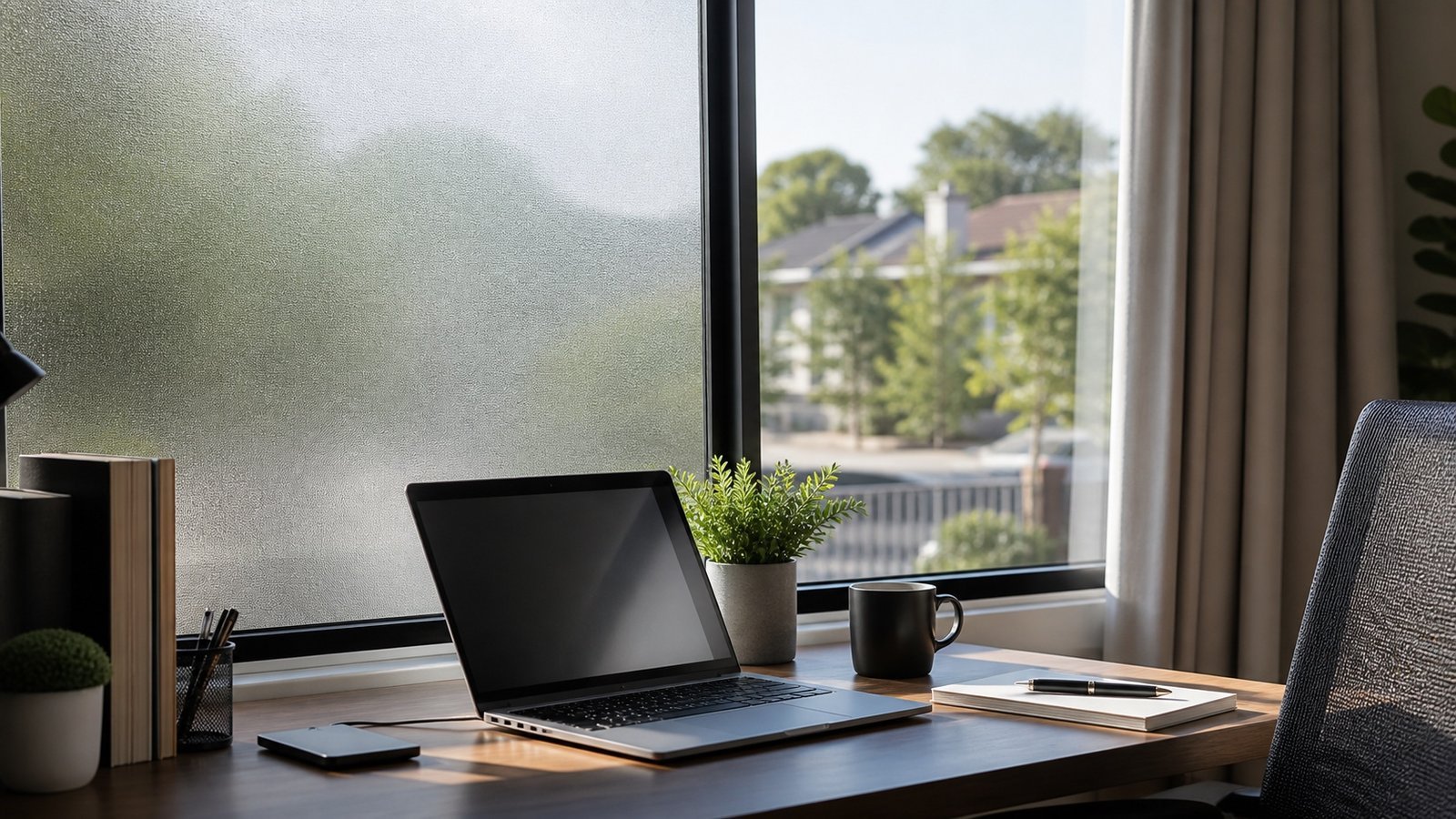 Frosted privacy window film beside a home office laptop