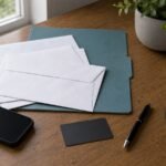 Envelopes, folder, phone and paper shredder for identity protection planning