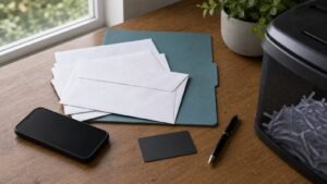 Envelopes, folder, phone and paper shredder for identity protection planning
