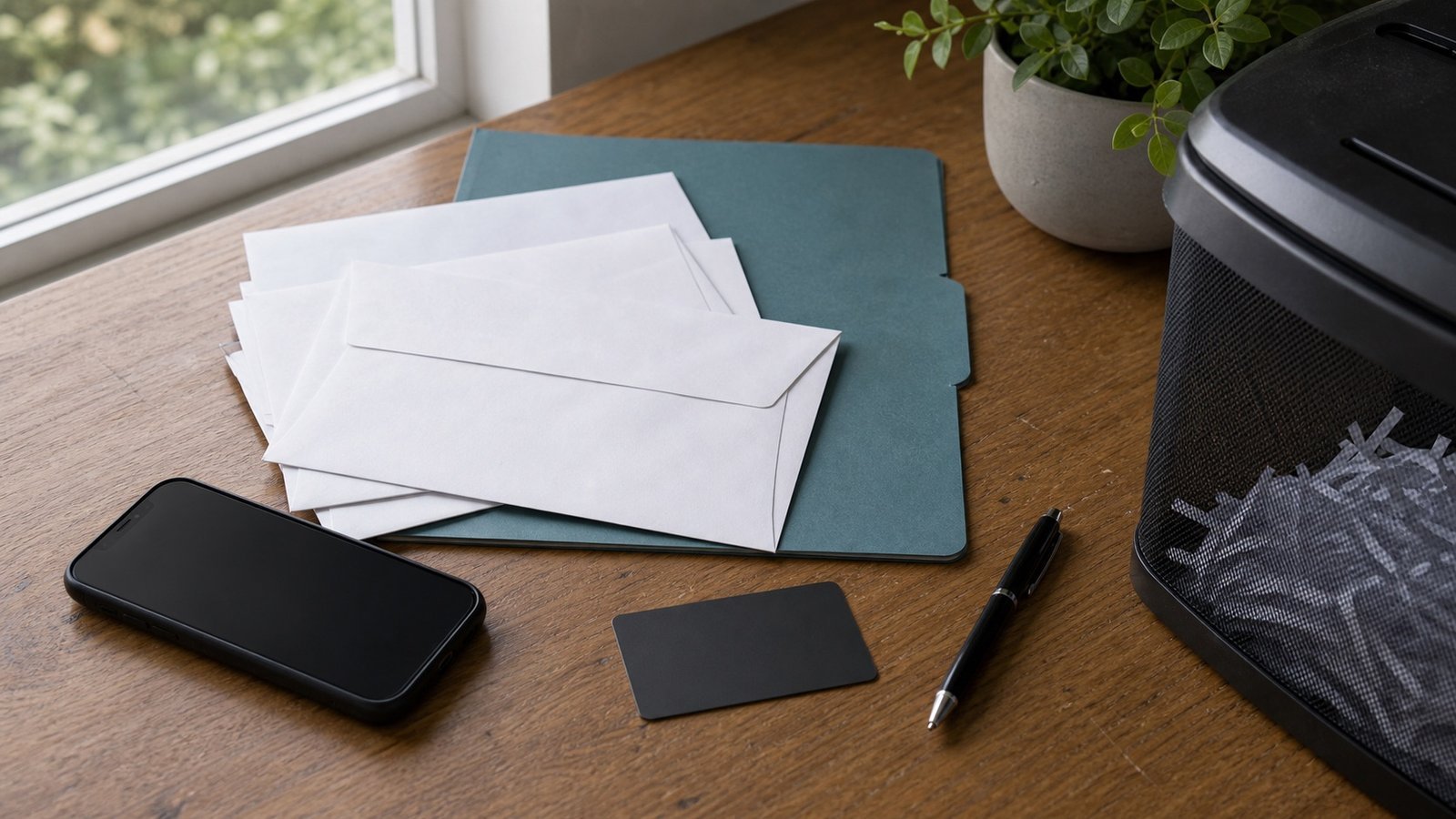 Envelopes, folder, phone and paper shredder for identity protection planning
