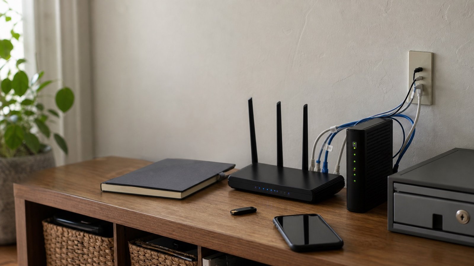 Home router, hardware security key and locked document box for digital safety planning