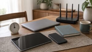 Tablet, phone, laptop and router for managing safer family device settings