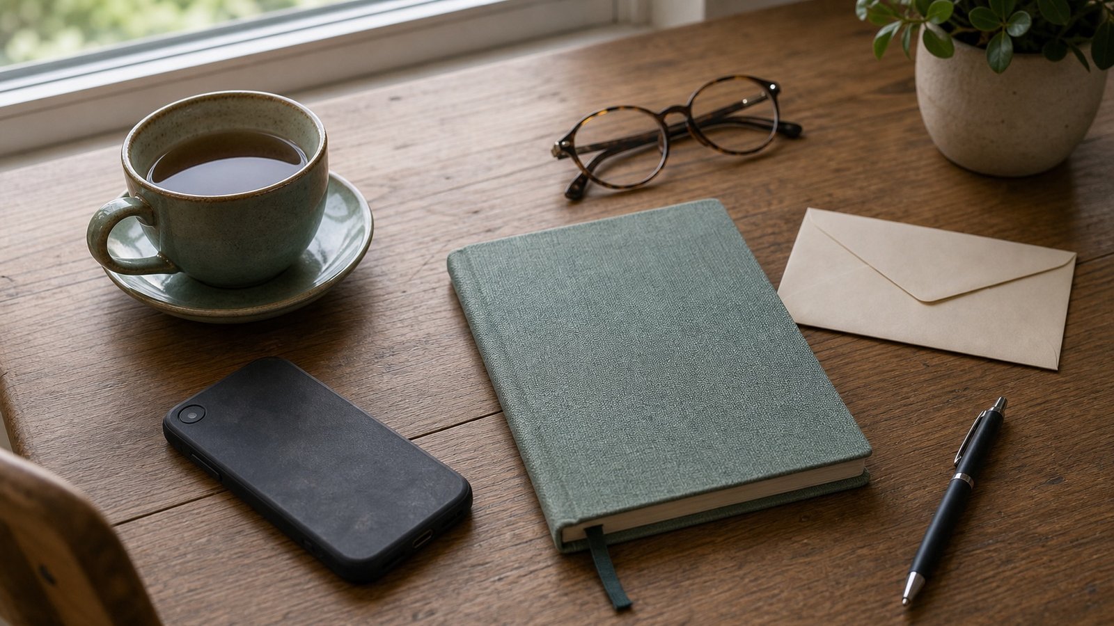 Phone, envelope and closed notebook for checking suspicious messages