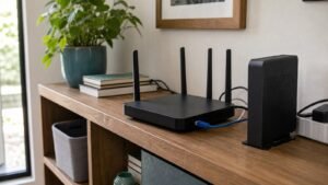 Home Wi-Fi router, modem and cables arranged on a shelf