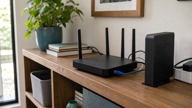 Home Wi-Fi router, modem and cables arranged on a shelf