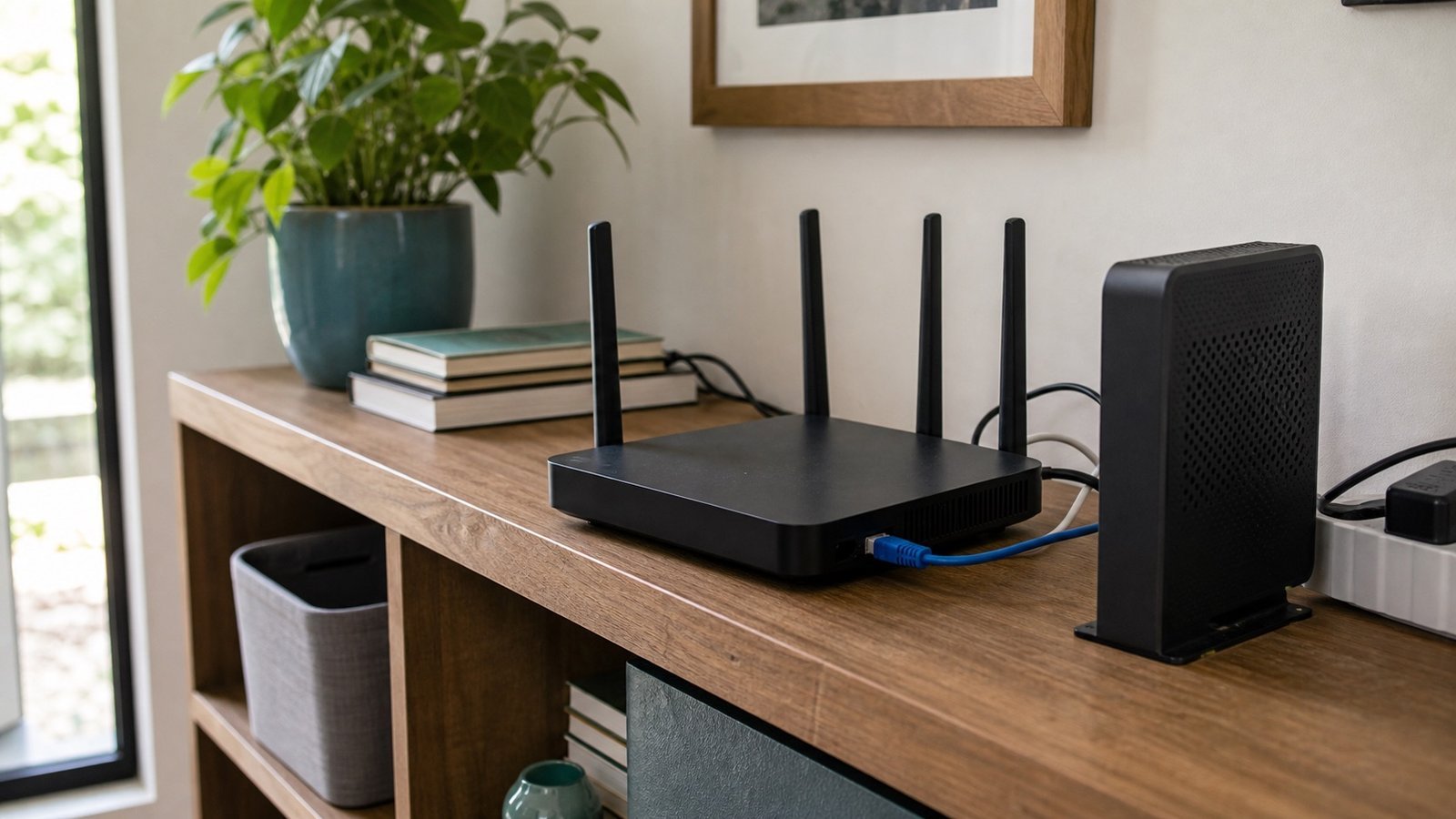 Home Wi-Fi router, modem and cables arranged on a shelf